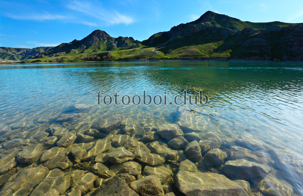 озеро, река, камни, прозрачная вода, лес, природа, на стену, стена