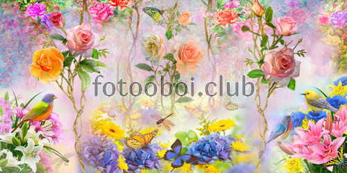 розы, лилии, птицы, бабочки, сад, дизайнерские